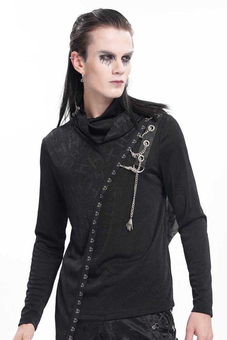 Men's Gothic Sweatshirt with Chain Print and Asymmetric Stitch