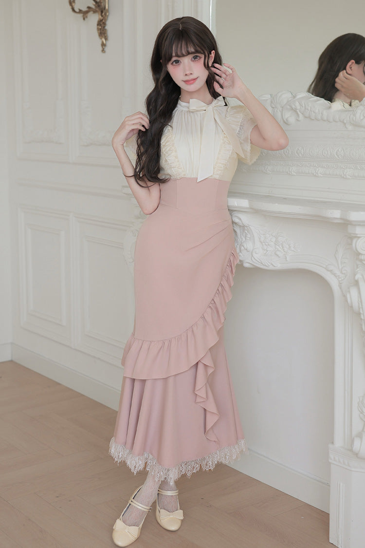 Blush & White Round Collar Short-Sleeve Ruffled Bow Lace Color-Blocked Boned Sweet Lolita Dress