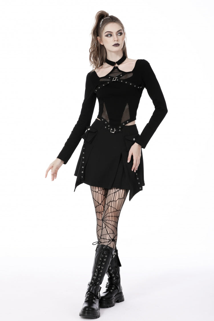 Trendy Black Eyelet Mesh Splice Long Sleeve Halter Punk Crop Top