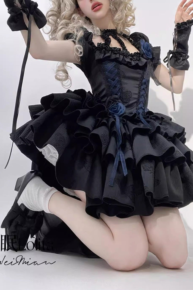 Romantic Black Multi-Layered Ruffle Bowknot Lace-Up Fishbone Short Sleeve Halter Gothic Lolita Gown