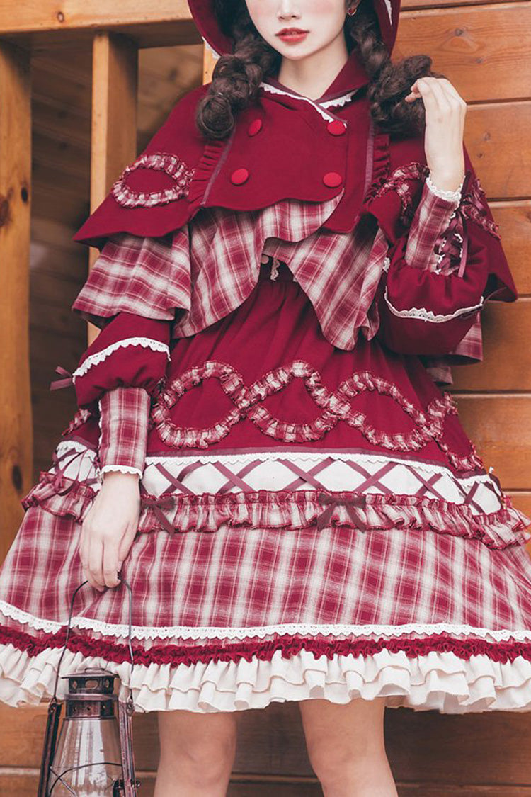 Red Retro Sweet Lolita OP Dress with Plaid, Lantern Sleeves and Ruffles - Altfashion Shop