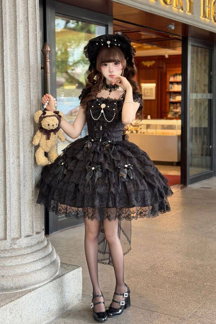 Black Square Neck Sleeveless Multi-Layered Bow Lace Pearl Gothic JSK - Featherlight Slumber
