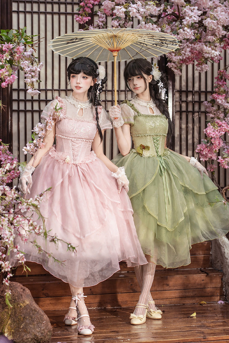 Fragrance Stand Collar Short Sleeves Multi-Layered Printed Ruffled Bow Lace Irregular Chinese Style Sweet Lolita Dress 2 Colors - Green/Pink