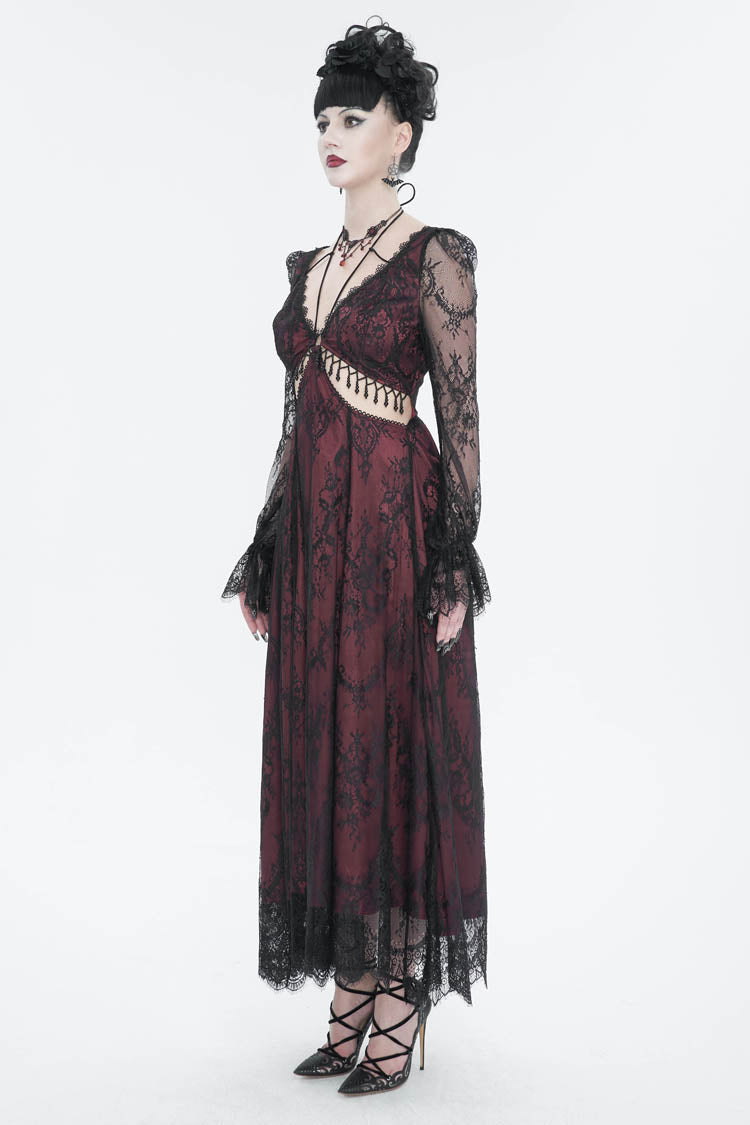 Crimson Lace-Trimmed Cutout Adjustable Waist Gothic Gown