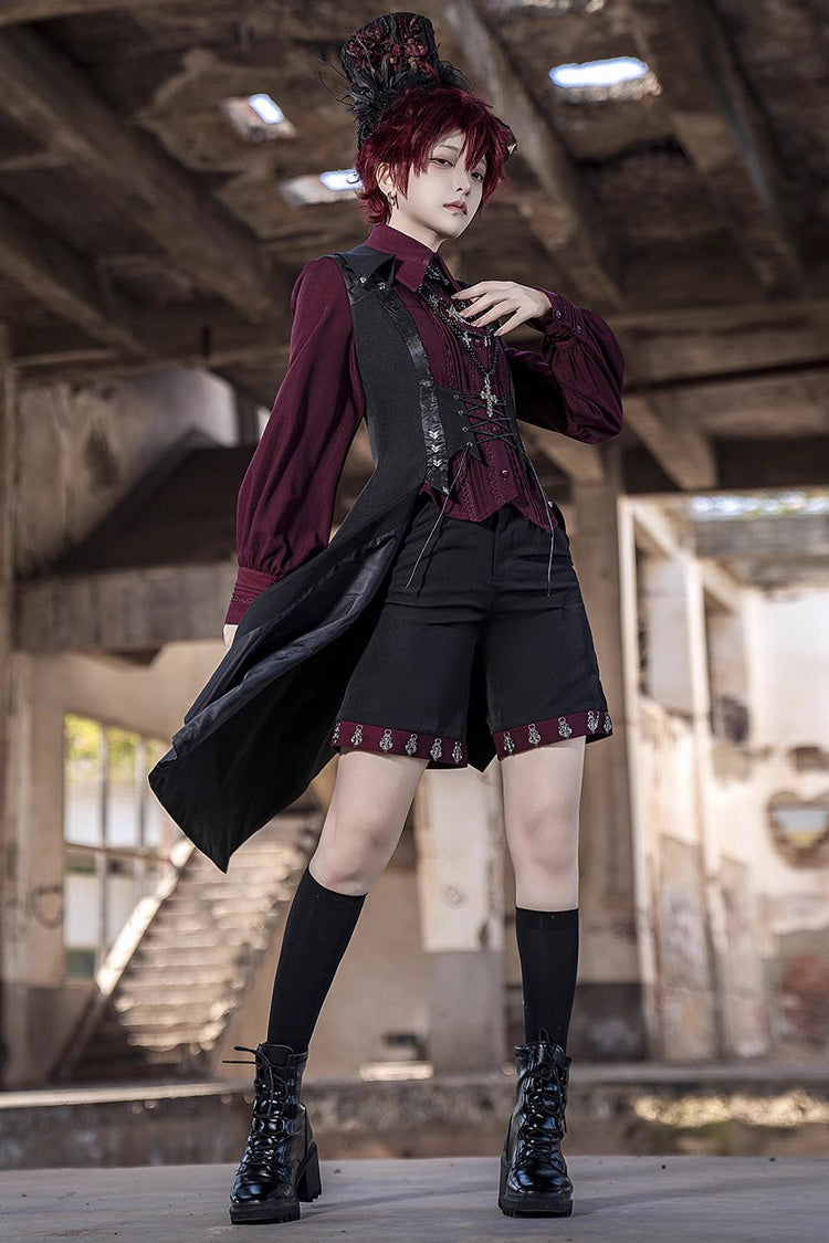 Scarlet Lapel Embroidered Slim Gothic Vintage Prince Ouji Shirt