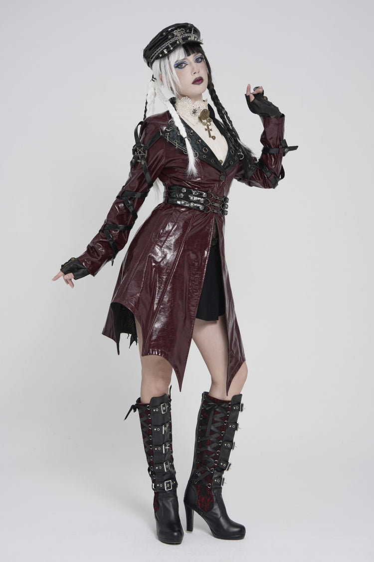 Crimson Lapel Lace-Up Irregular Eyelets Punk Coat