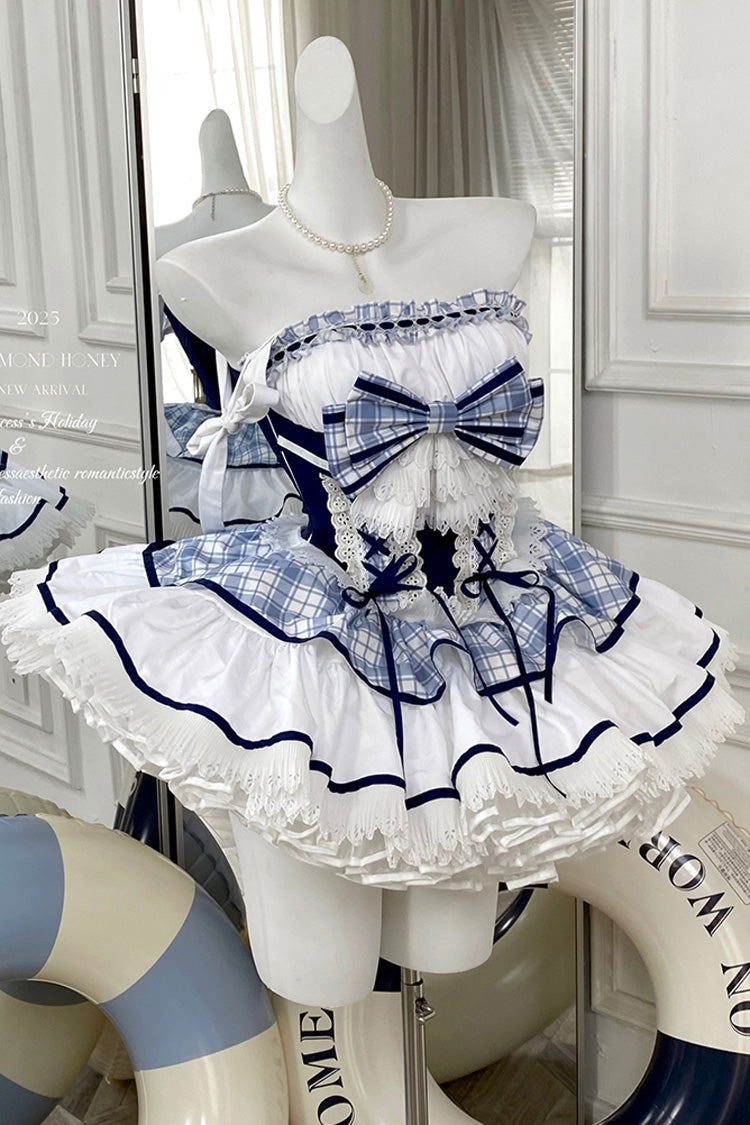Blue/White Sailing Love Navy Collar Sleeveless Plaid Print Ruffle Ribbon Girly Lolita Dress