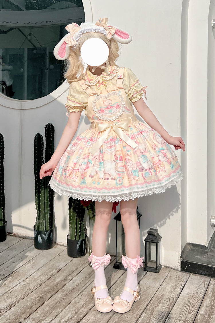 Yellow Sheep's Party Printed Bow Stitching Lace Sweet Lolita Strap Dress - Miss Brown