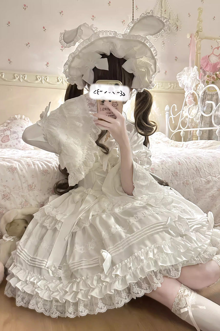 Ivory Layered Frosting Ruffle Bow Lace Sweet Dress