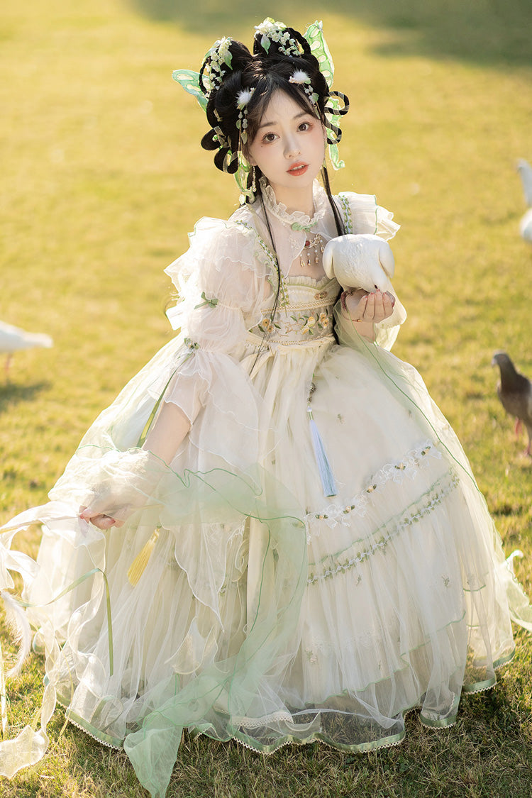 Cream Luo Ling Fu Embroidery Bow Lace Frilled Chinese Style Sweet Lolita JSK Dress