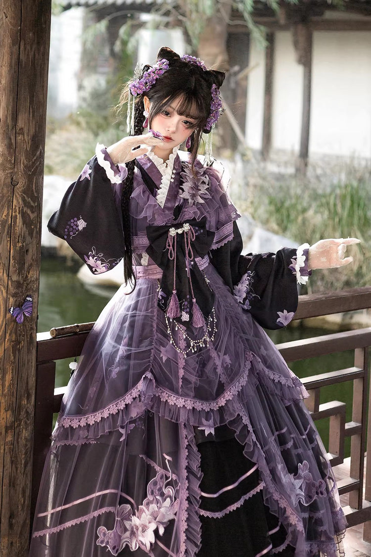 Purple Stand-Collar Embroidered Bow Elegant Chinese-Style Lolita Dress Set