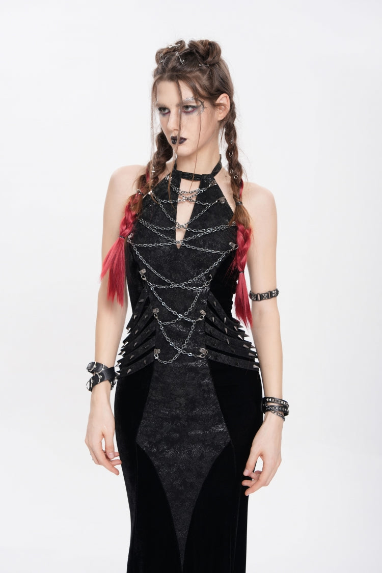 Edgy Black Chain-Strap Sleeveless Rivet Halter Punk Dress