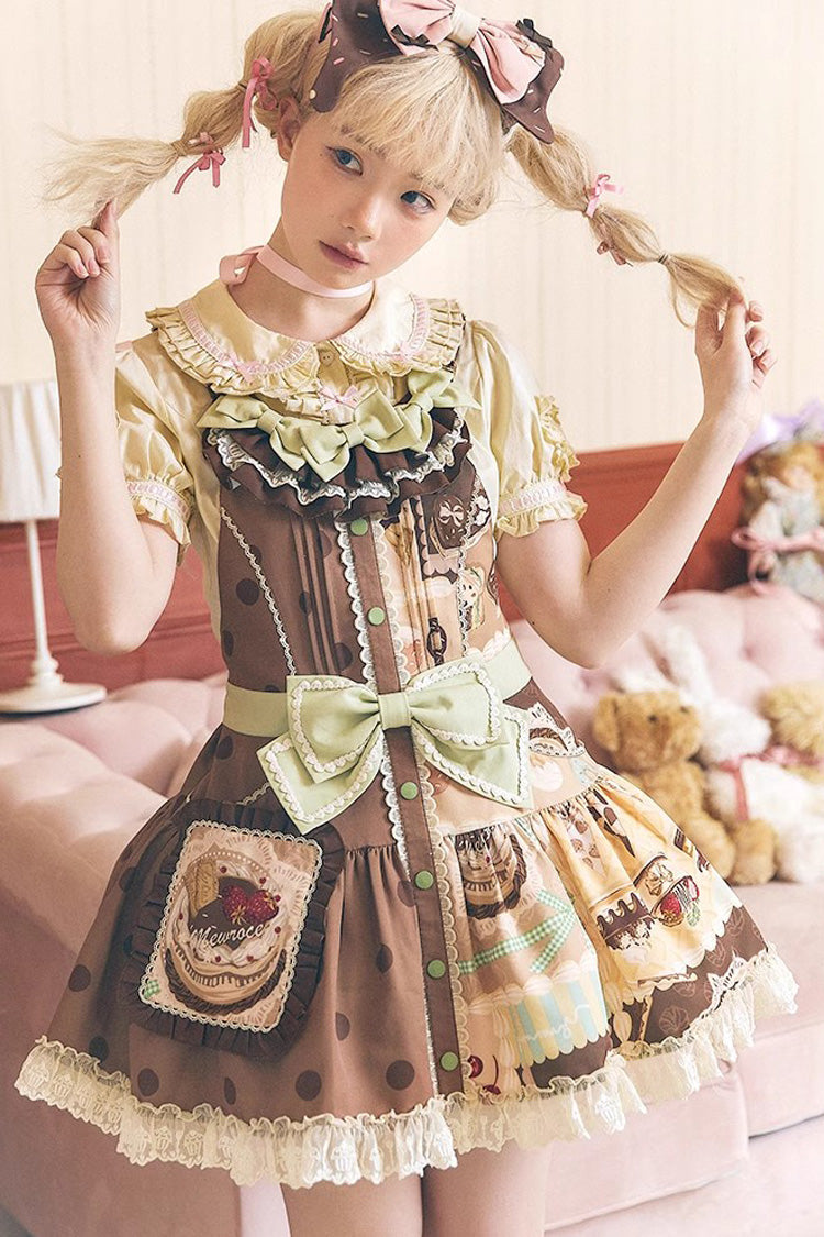 Brown Cake Chocolate Dessert Printed Ruffled Bow Sweet Lolita Strap Dress