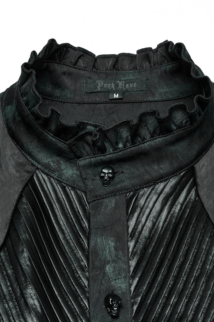Ruffle Pleated Stand Collar Long Sleeve Blouse - Gothic