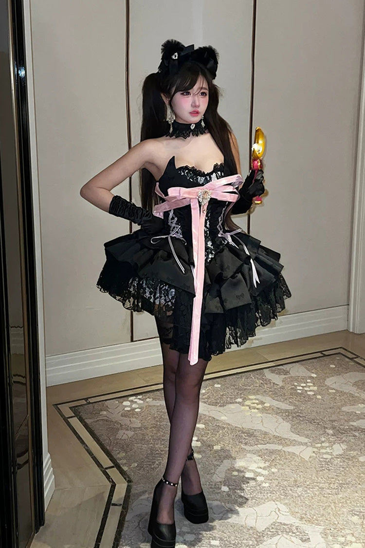 Princess Ballet Gothic Lolita JSK Dress with Ruffled Bow and Lace-Up - Black