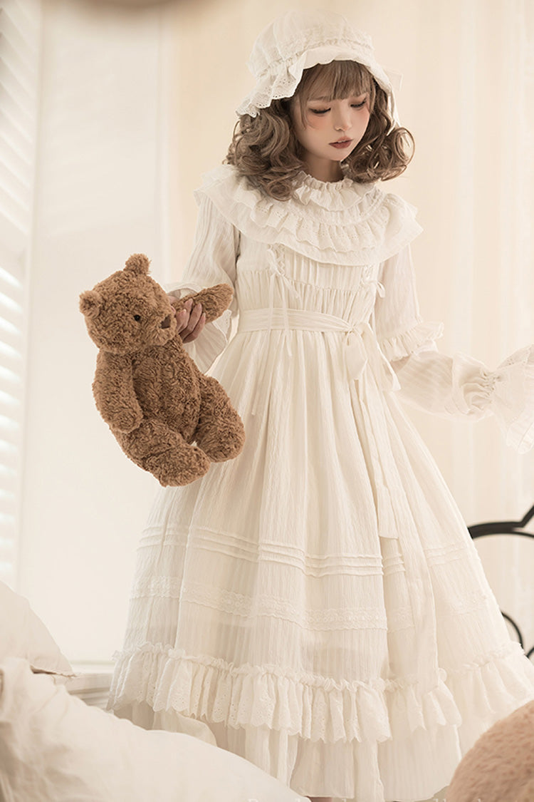Ivory Long Sleeve Double Ruffle Bow Lace-Up Holy Dress