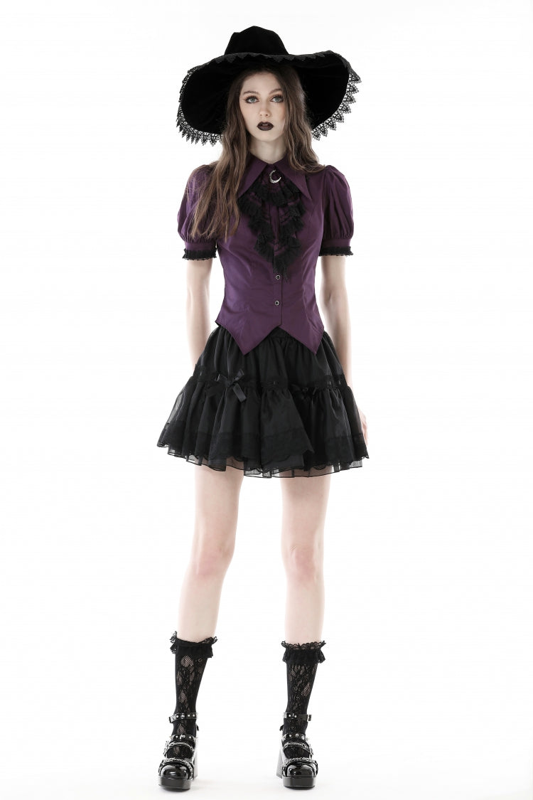 Periwinkle Moon Frill-Collar Puff-Sleeve Gothic Top