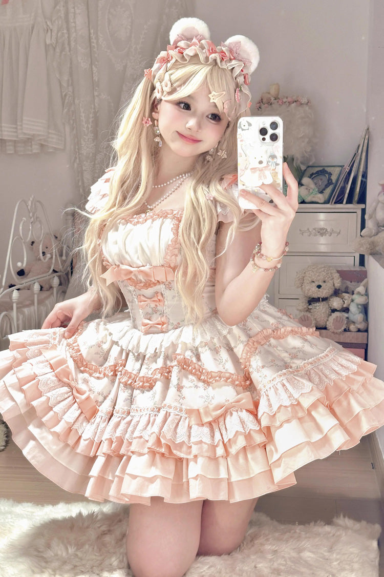 Floral Printed Multi-Layer Lace Sweet Lolita Tiered Dress - Ruffled Bowknot