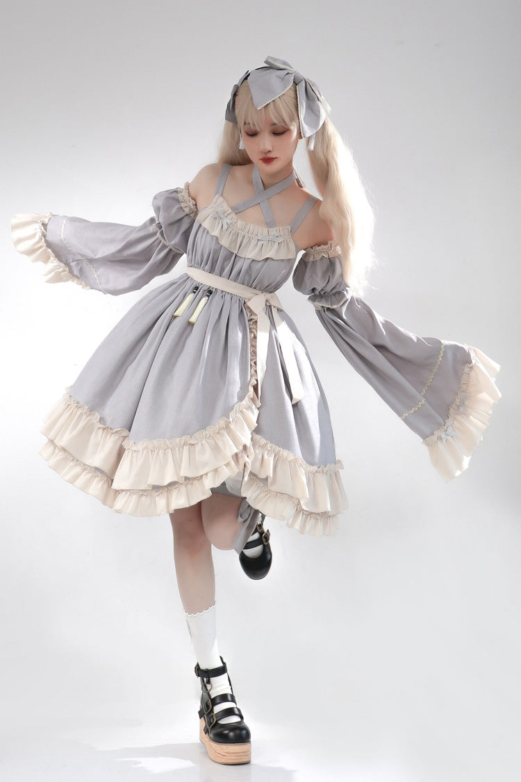 Sleeveless High Waist Ruffle Bow Asymmetric Sweet Lolita Jumper Dress - Grey