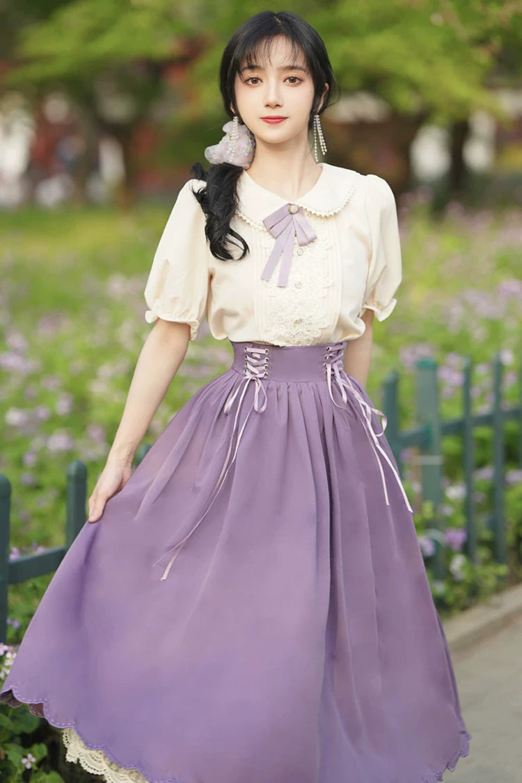 Lapel Collar Short-Sleeve High-Waisted Lace-Up Wave Hem Lolita Two-Piece Set, 7 Colors