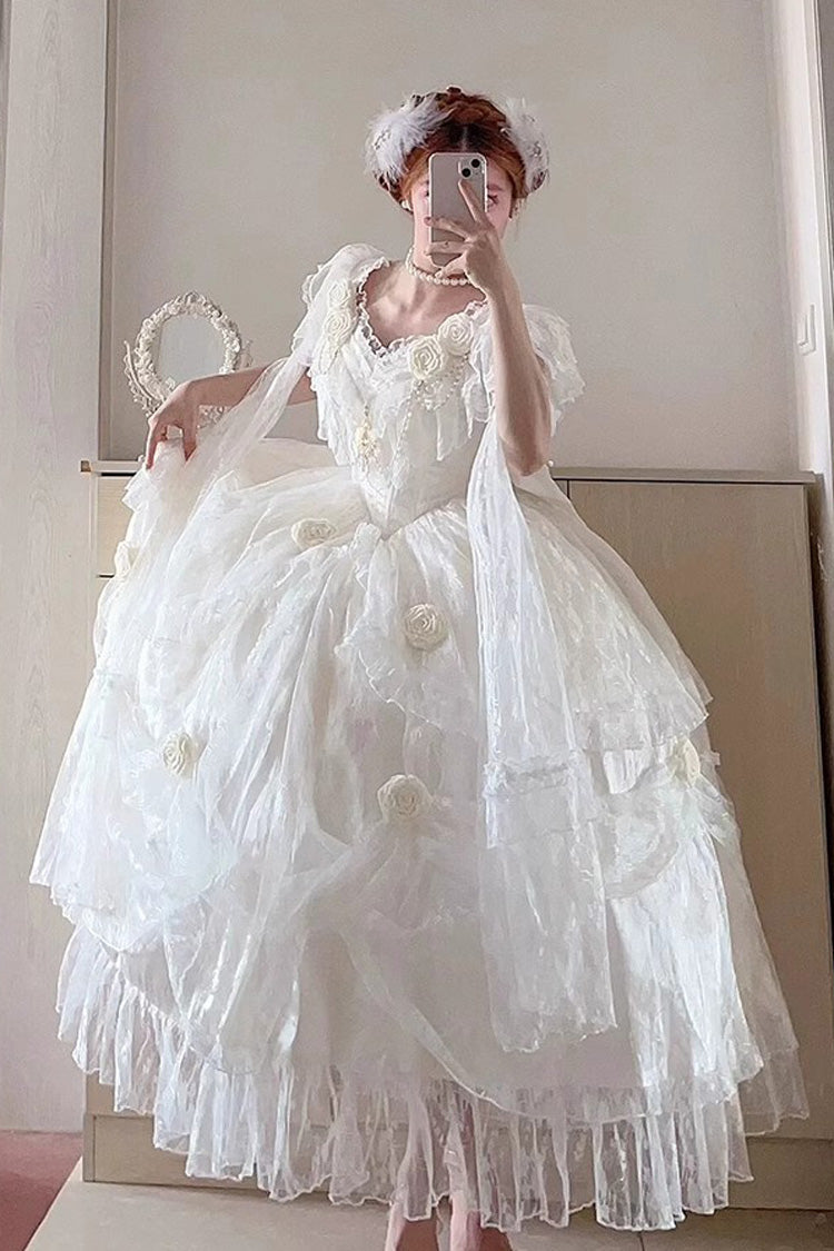 White Rose-Printed Sweet Strapless Dress with Ruffled Sleeves