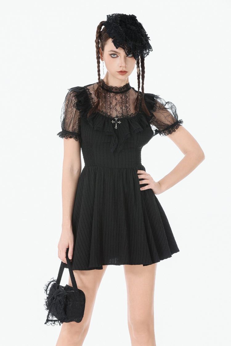 Cross Ruffled Short Sleeve Gothic Graduation Dress for Women Lace