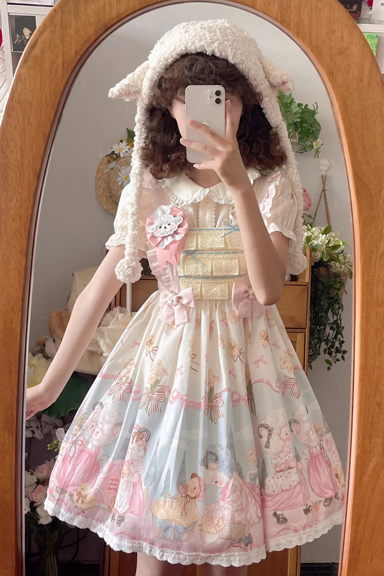 Blue/Pink Sheep Waltz Printed Ruffled Bow Lace Sweet Lolita JSK Dress - Miss Brown