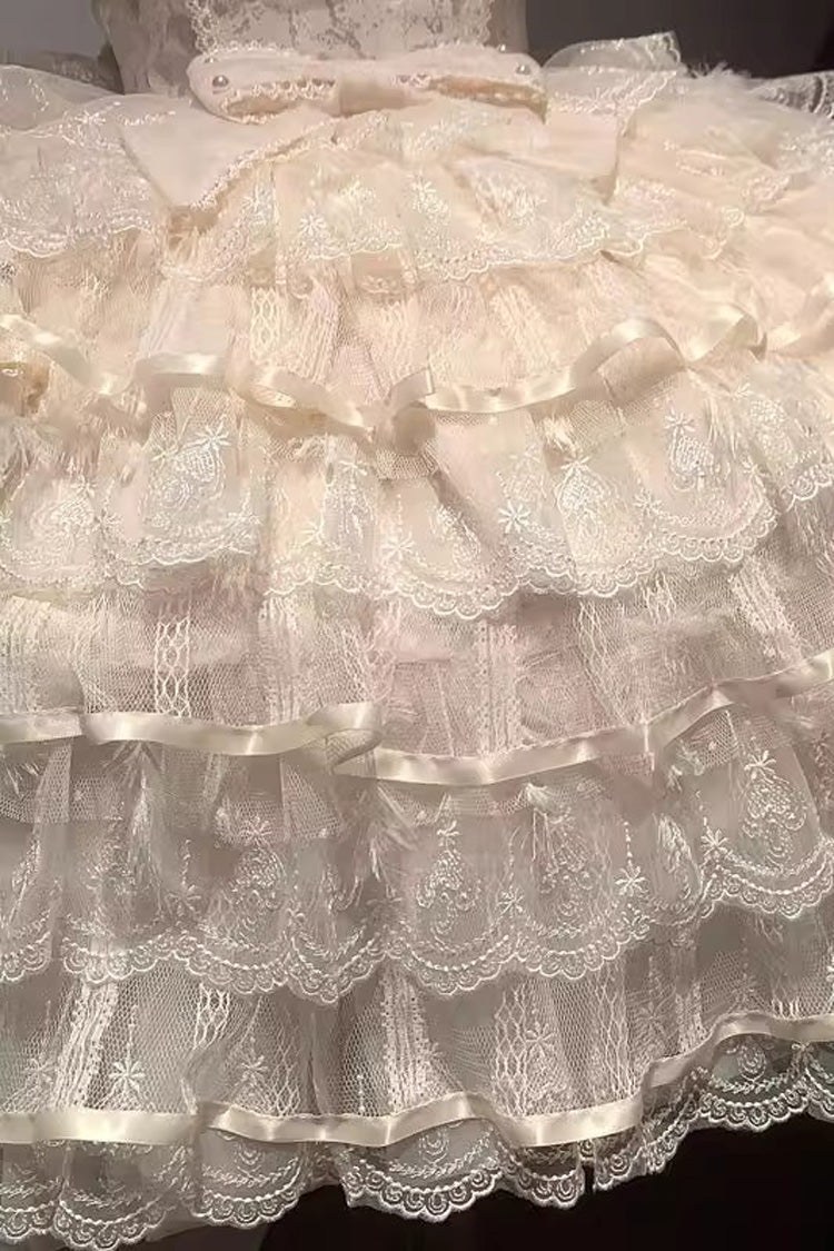 Sweet Apricot Sleeveless Layered Ruffle Hanayome Bow Lolita JSK Gown