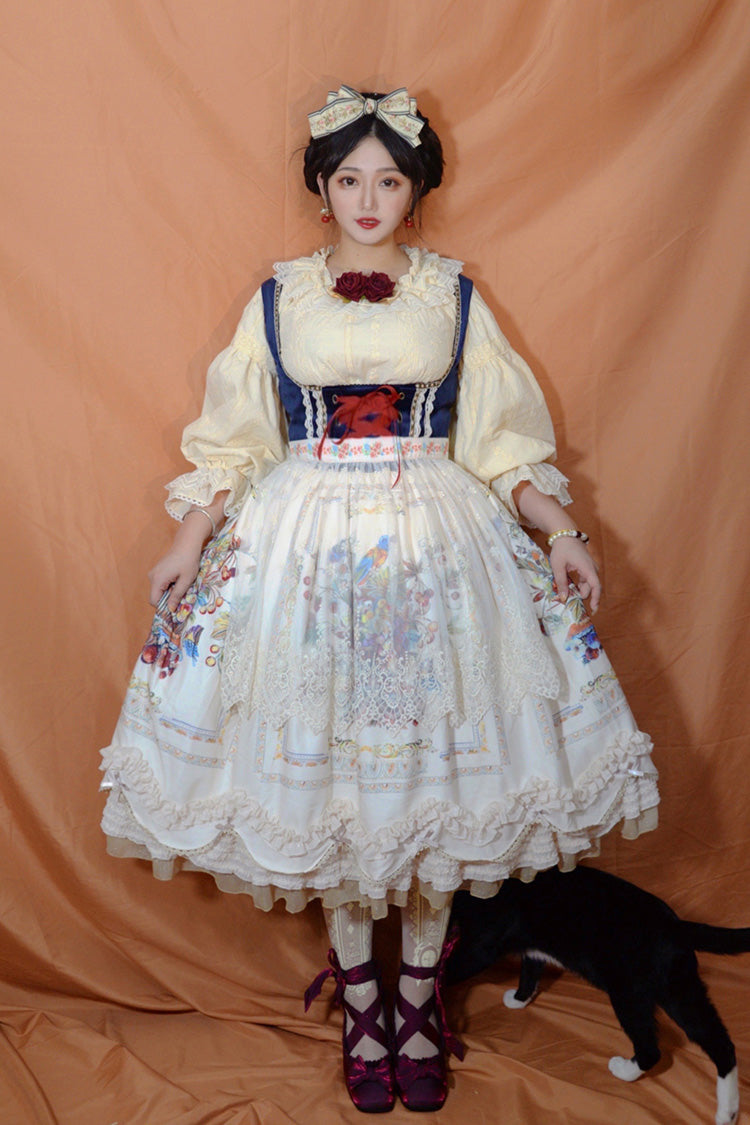 Cream Ode to Plenty Berry Bird Print Velvet Bow Frilled Classic Lolita Corset JSK Dress