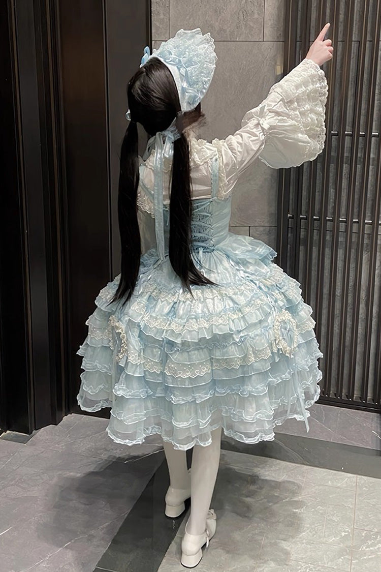 Blue Multi-Layered Ruffled Hanayome Embroidered Bow Lace Sweet JSK - Sweetheart Diary
