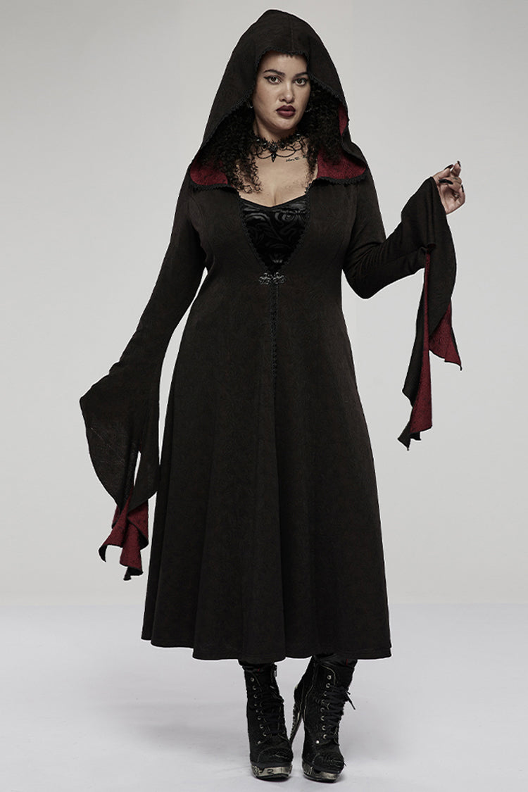 Crimson & Noir Knitted Witch Rose Patterned Gothic Overcoat with Oversized Hood