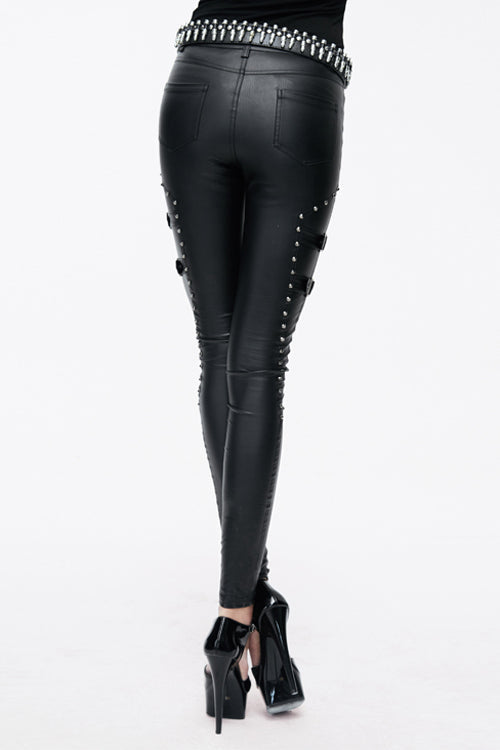 Leather Skinny Pants with Rivets and Adjustable Loops