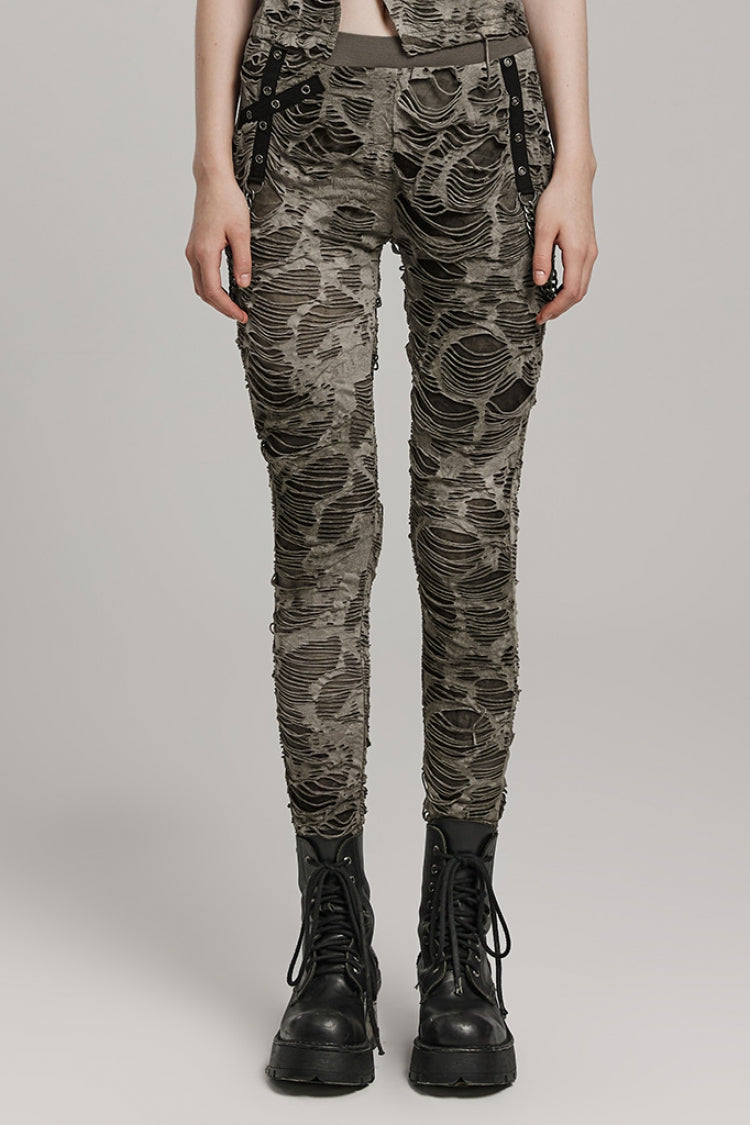 Tailored Distressed Eyelet Chain Steampunk Leggings for Women