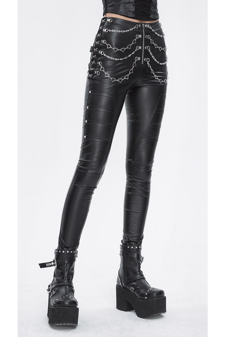 Skinny Faux Leather Punk Pants with Chain Studs for Women