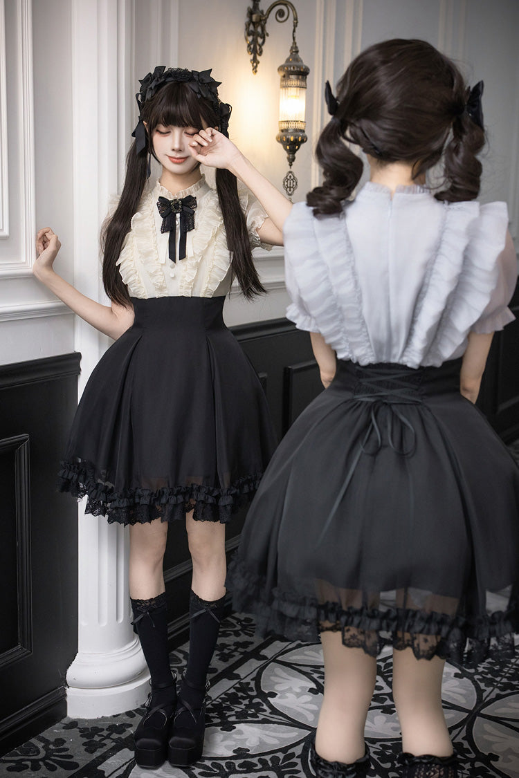 Miss Lola Snow Kiss Stand Collar Short Puff Sleeves Ruffled Color-Blocked Faux Two-Piece Sweet Lolita Dress 3 Colors - Black