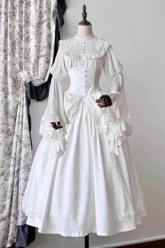 White Sleepwalking Long Hime Sleeves Stitching Lace Plus Size Elegant Gothic Skirt Set