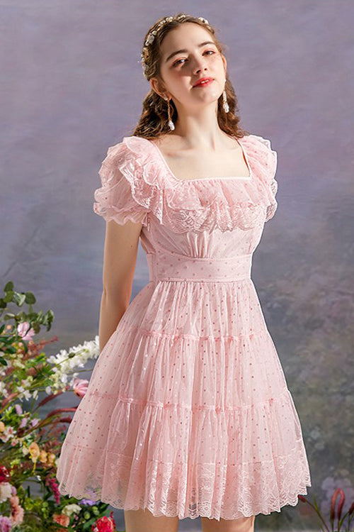 Blush Retro Square Neck Ruffle Princess Sleeveless Polka Dot High Waist Mesh Sweet Lolita Gown