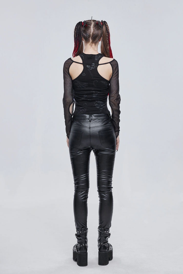 Occult Leather-Striped Long Sleeve Gothic Tee for Women