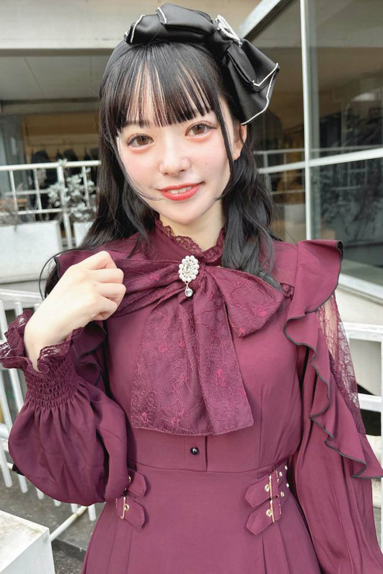 Jirai Kei Off Shoulder Dress - Stand Collar, Hollow Bow