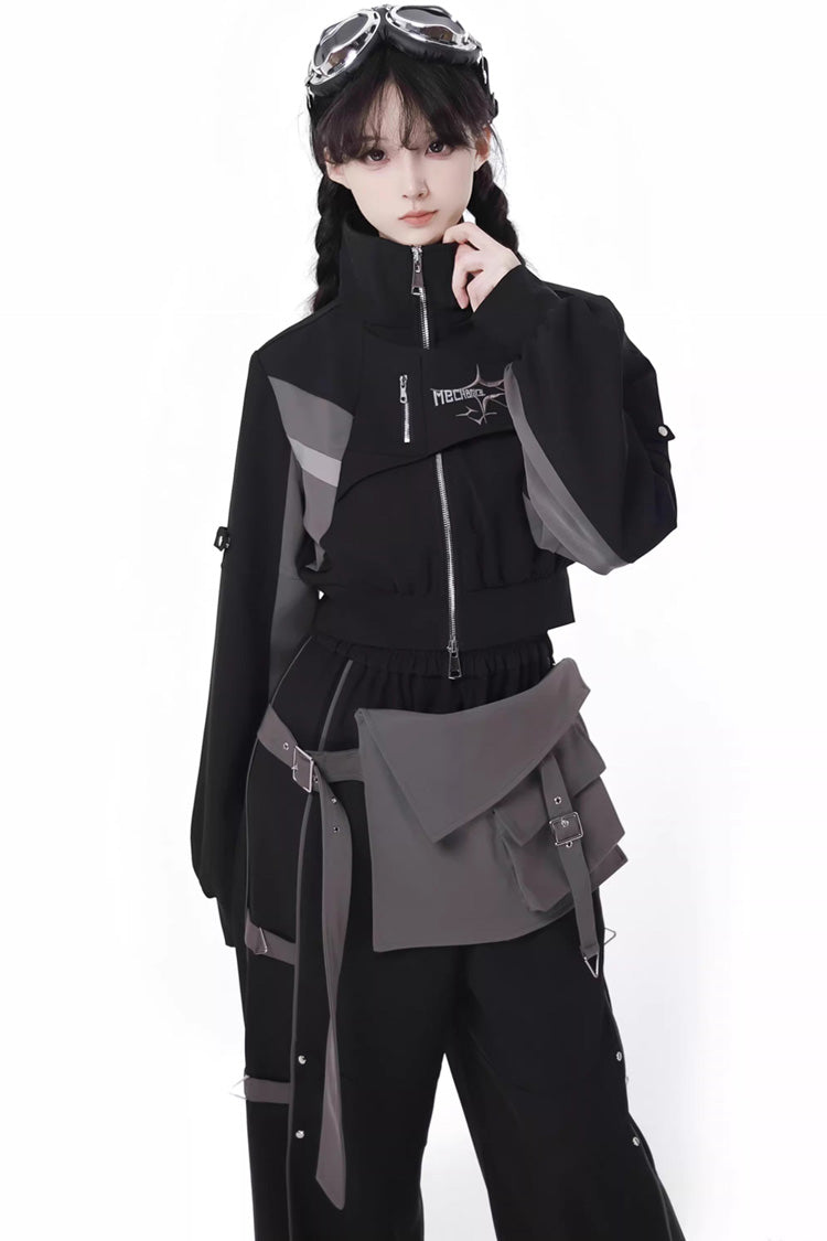 Holographic Techwear Spliced Zippered Gothic Pants Coat Set