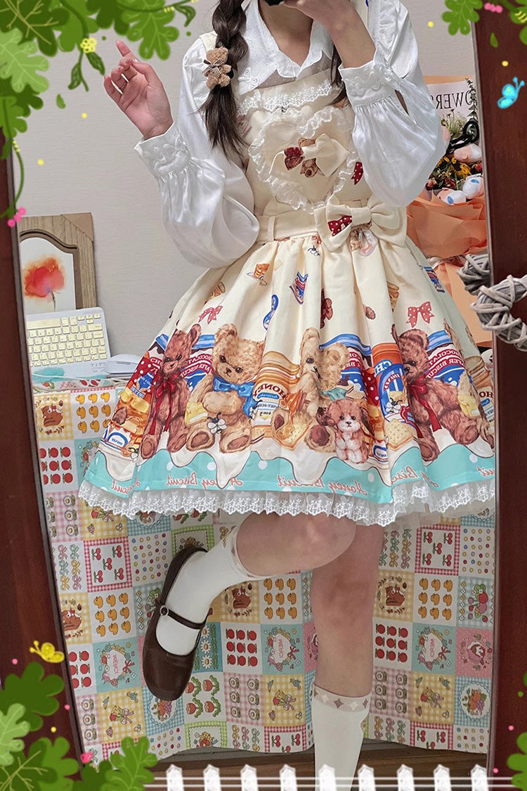 Honey Bear Cafe Printed Bow Lace Sweet Lolita JSK Dress