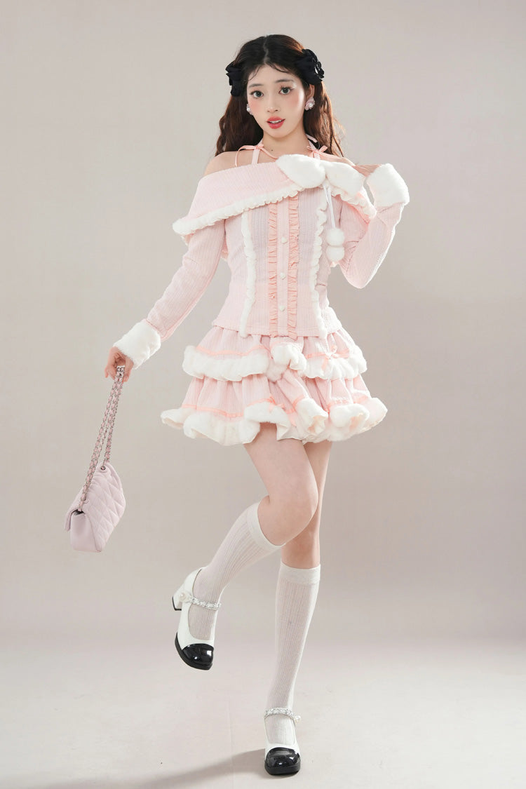 Pink Long Sleeve Ruffle Bow Lace Sweet Princess Tiered Skirt Set