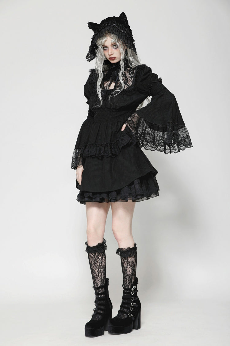 Gothic Victorian-Inspired Black Lace Ruffled High-Neck Puff-Sleeve Cutout Maxi Gown