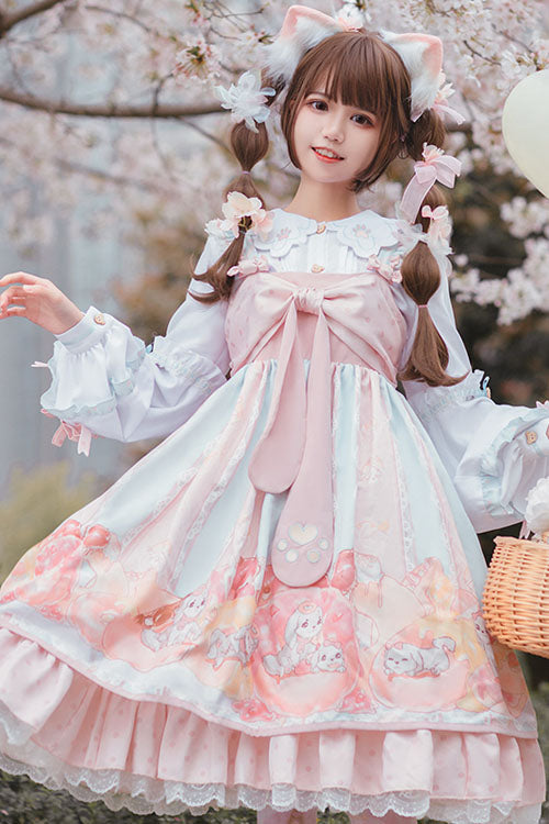 Pink Dog and Donut Print JSK with Ruffles and Bowknot