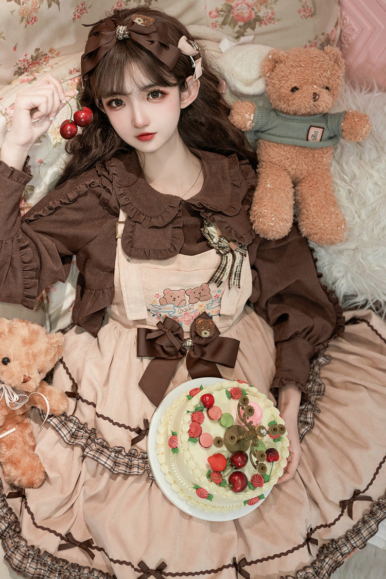 Khaki Cute Bear Embroidered Sleeveless Double Layer Ruffle Bow Sweet Jsk Dress