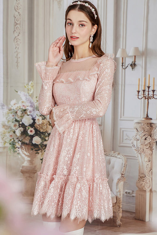 Rose Antique Lace Rounded Neck Floral Embroidery Flared Sleeves Asymmetric Hem Sweet Lolita One-Piece