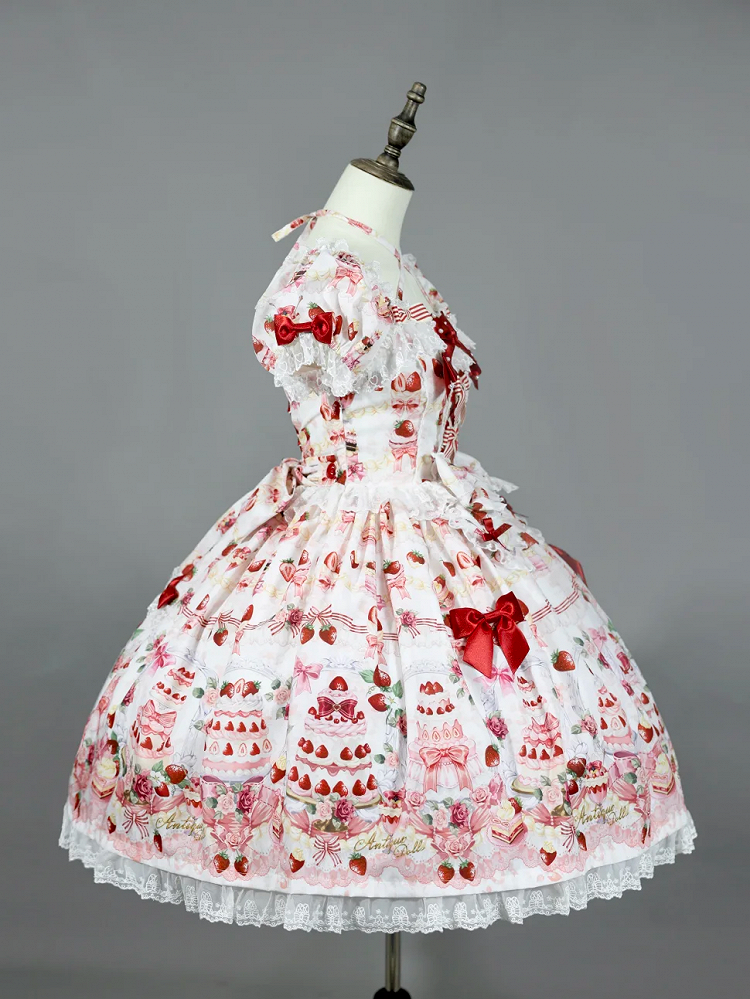 Print Set Dress Full Lolita Bow / Sweet Accents Cake Strawberry White