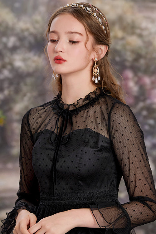 Sweet Lolita Polka-Dot Mesh Black Lace Round-Collar Trumpet-Sleeve Ruffled OP Gown