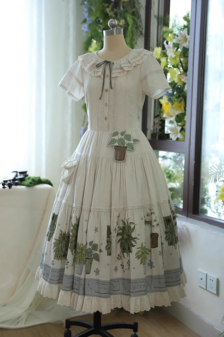 Ivory Potted Plant Short Sleeves Print Ruffle Sweet Lolita Dress