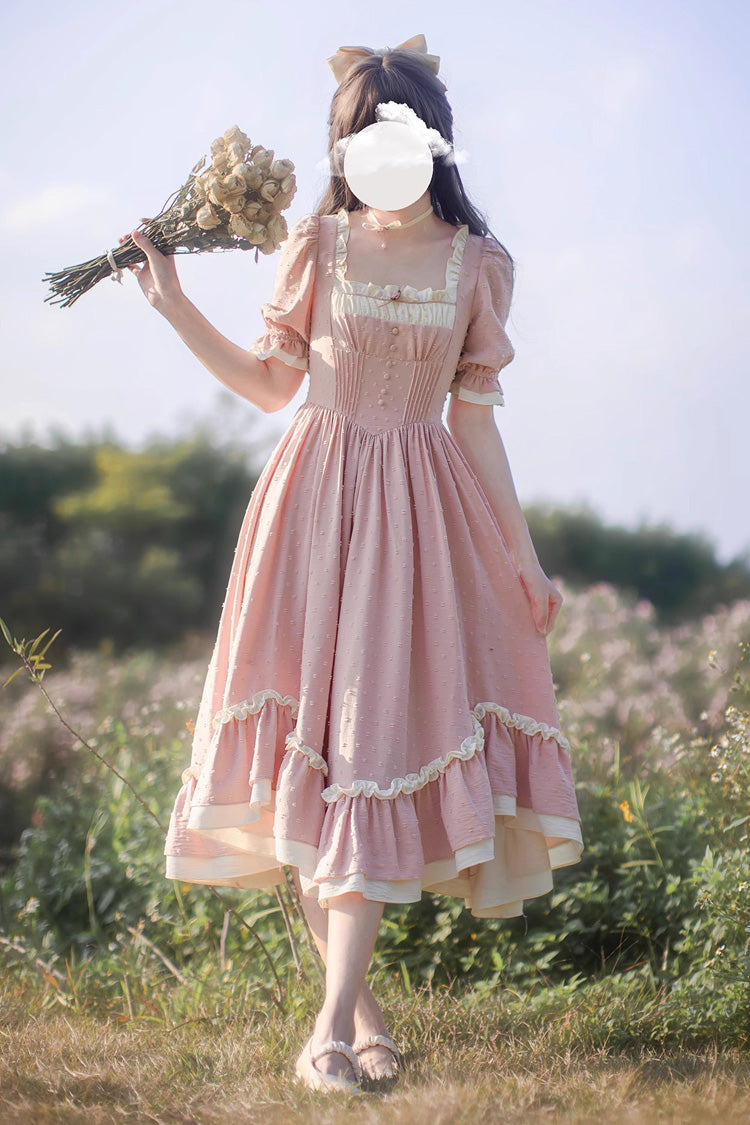 Pink Square-Neck Puff-Sleeve Ruffle-Embroidered Chic Sweet Jumper Dress